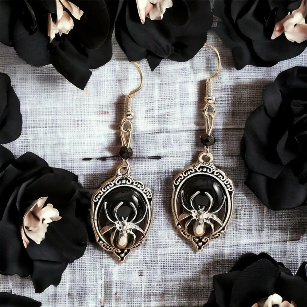 Gothic Retro Style Black Gemstone Spider Earrings Faux Fashion Jewelry